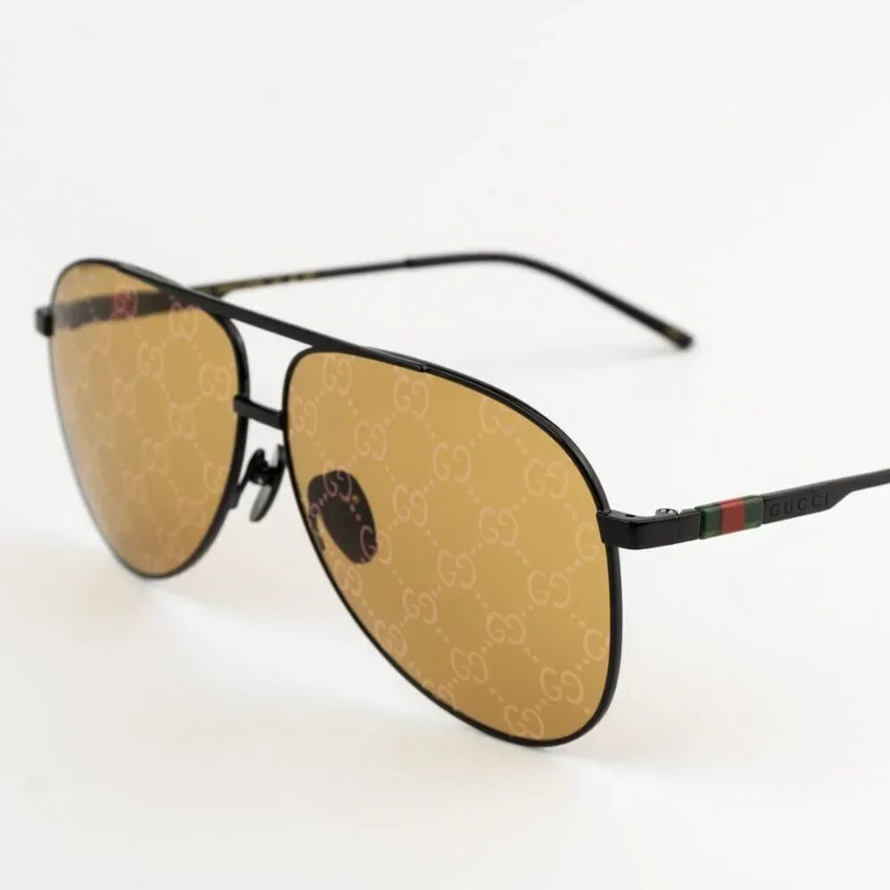 NEW Gucci GG1677S 005 Black Yellow Mirror Logo Pilot Unisex Sunglasses